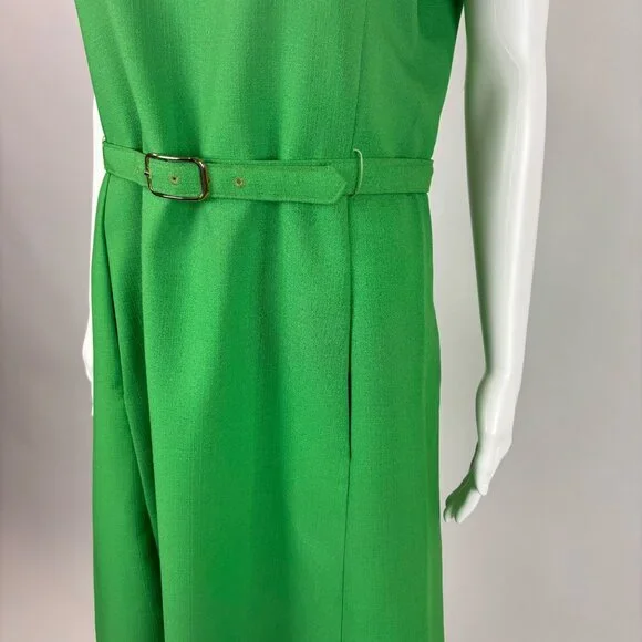 Vintage 70s Shift Dress Women's Large Solid Green V-Neck Belted Kangaroo Pockets - Picture 7 of 11